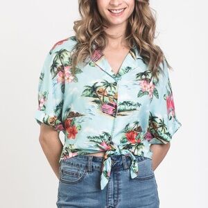 HARLOW Tropical Floral Print Cropped Tie-Front Blouse Blue L